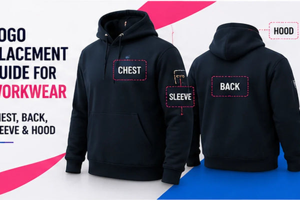 Workwear garments showing chest sleeve back and hood logo placements