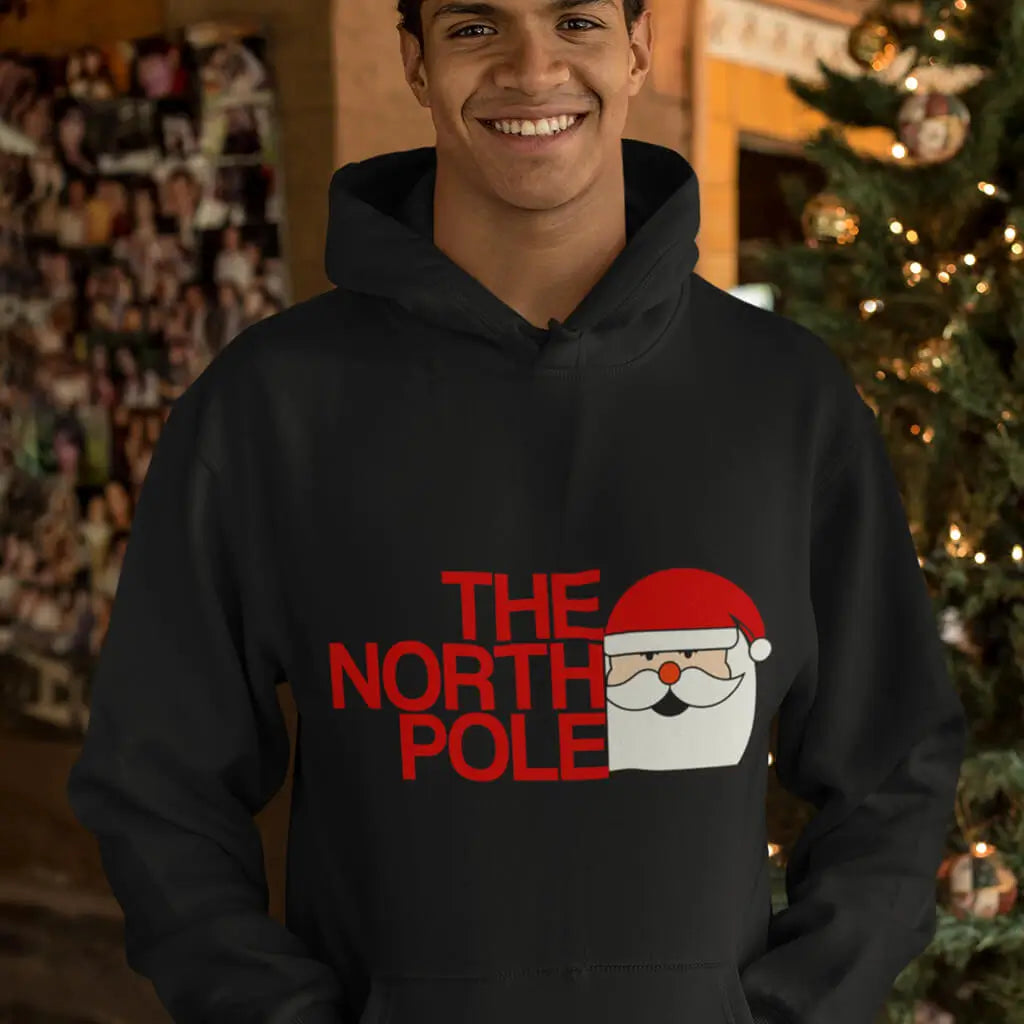 The North Pole funny Christmas jumper product mockup with festive Santa parody design