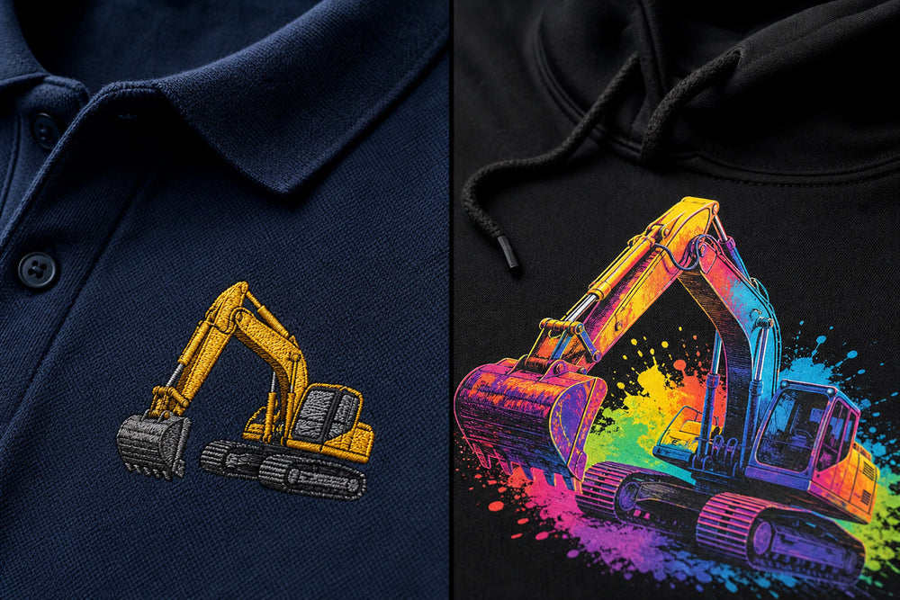 Comparison of embroidered and DTF printed logos on workwear