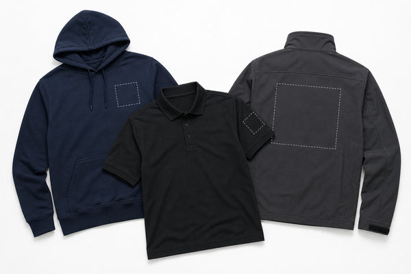 Workwear garments showing chest sleeve back and hood logo placements