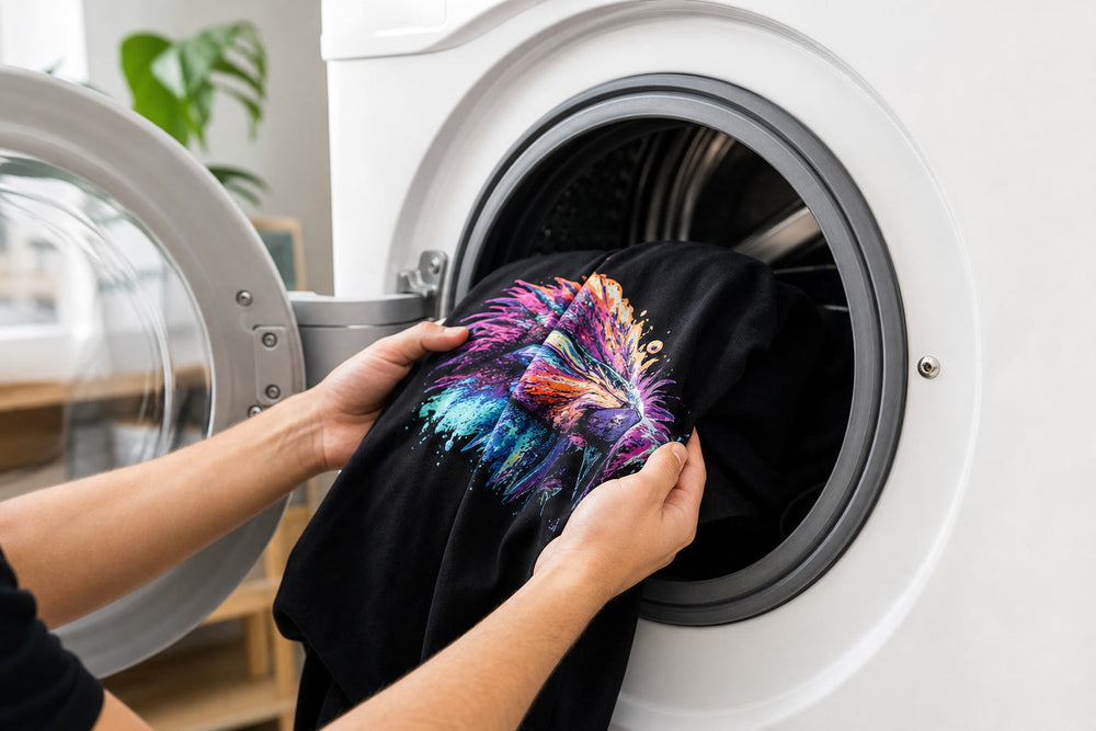 Printed garment being washed carefully to protect the transfer