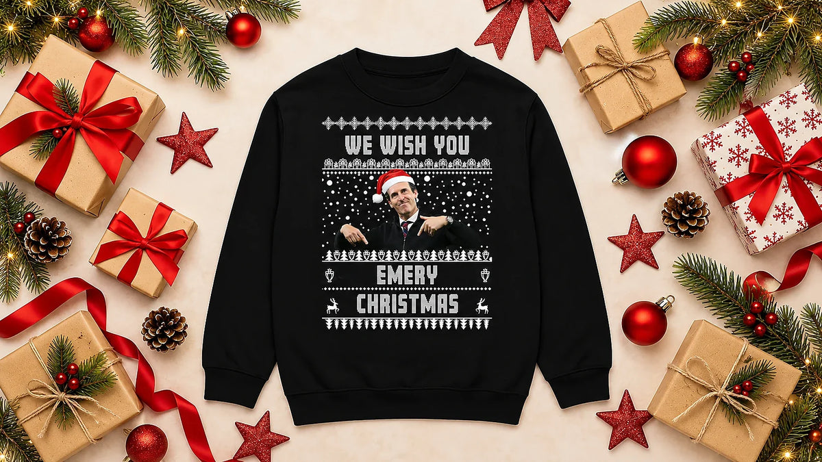 Unai Emery Christmas jumper mockup surrounded by festive gift boxes and decorations