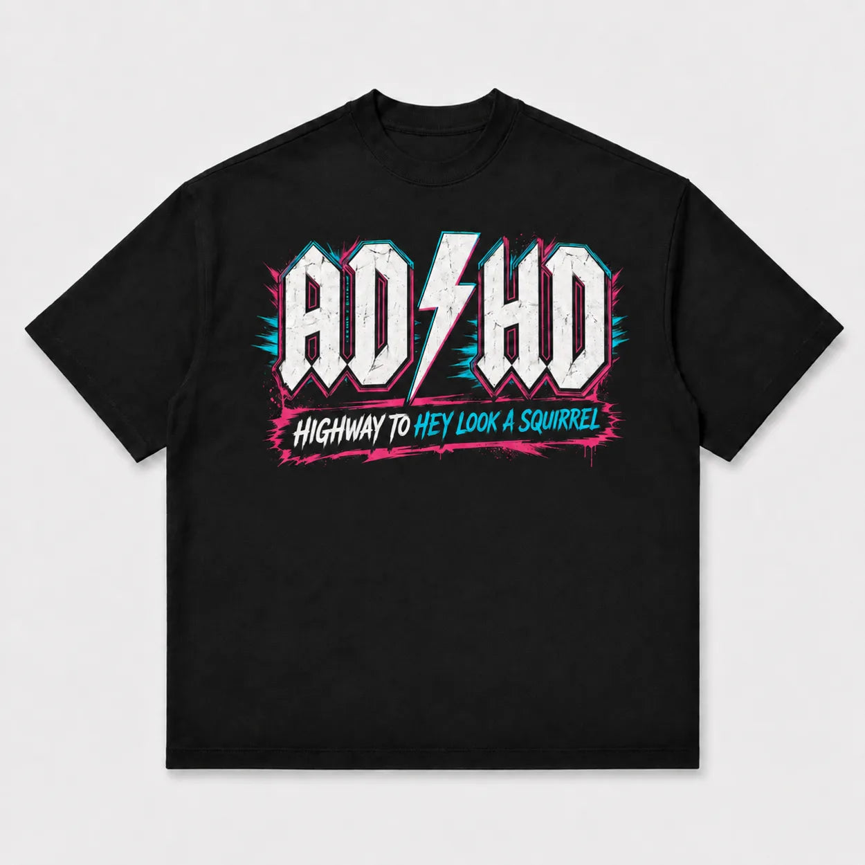Black ADHD Highway to Hey Look a Squirrel neon graphic T-shirt
