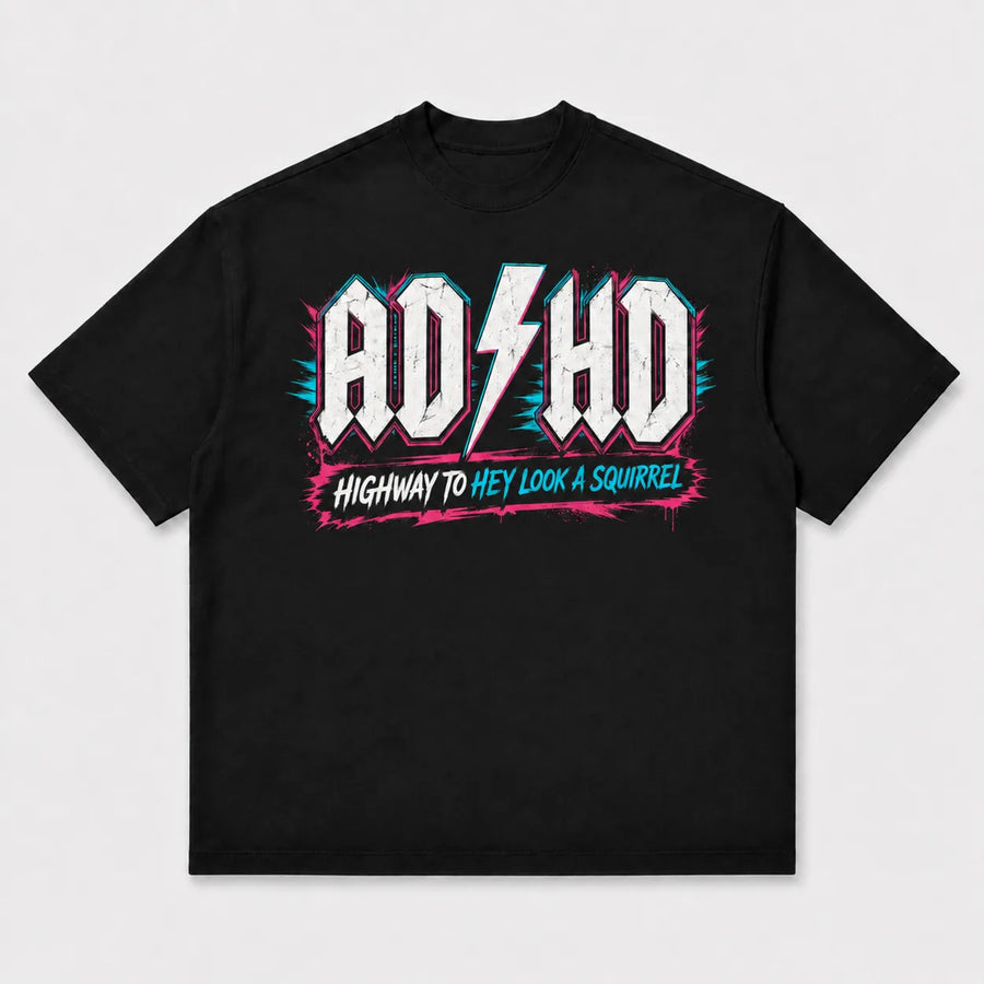 Black ADHD Highway to Hey Look a Squirrel neon graphic T-shirt