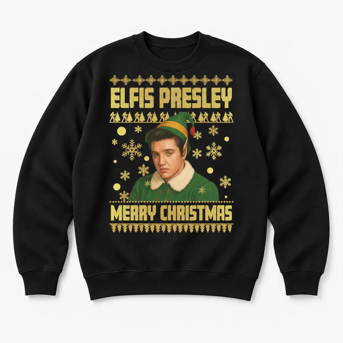 Black Elfis Presley Christmas jumper laid flat, front view