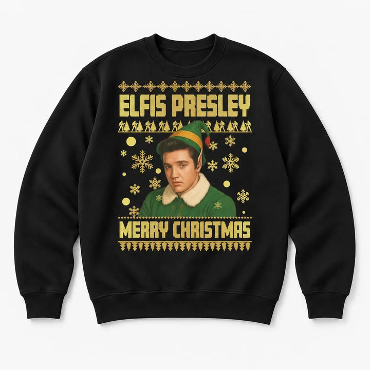 Black Elfis Presley Christmas jumper laid flat, front view