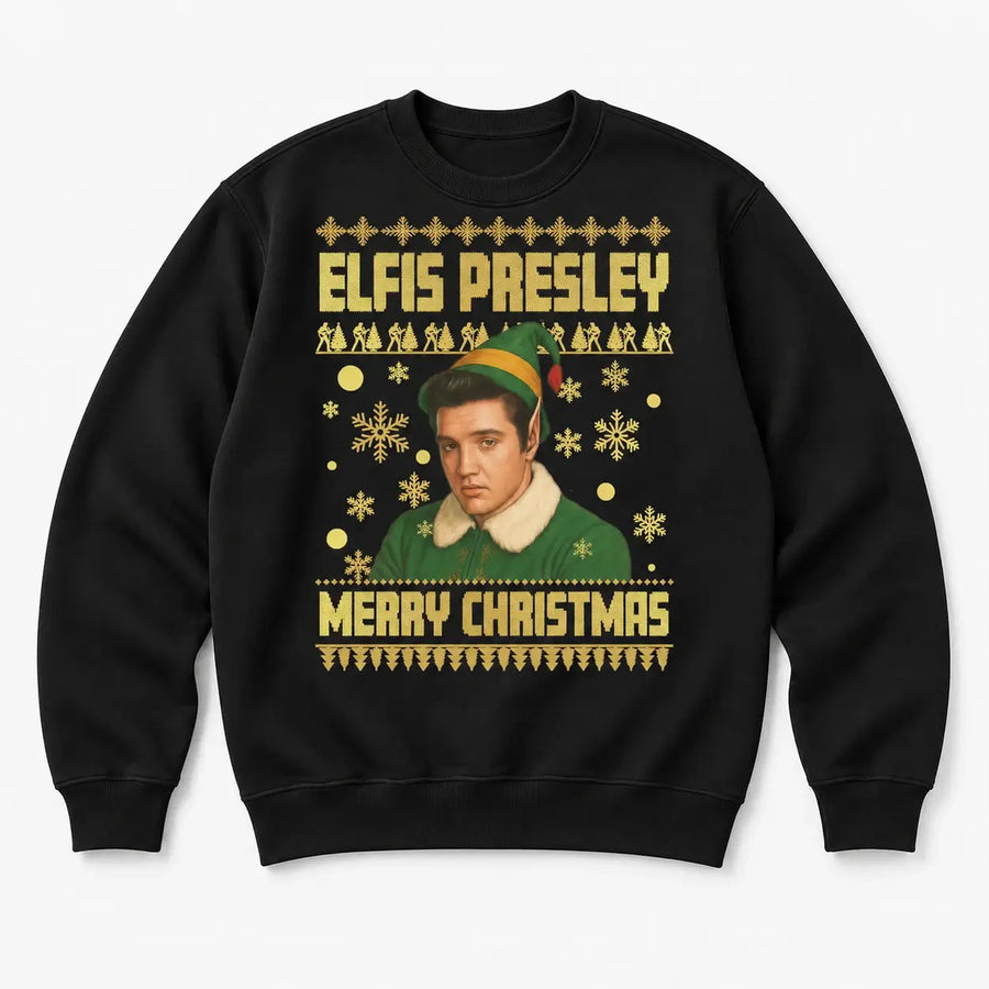 Black Elfis Presley Christmas jumper laid flat, front view