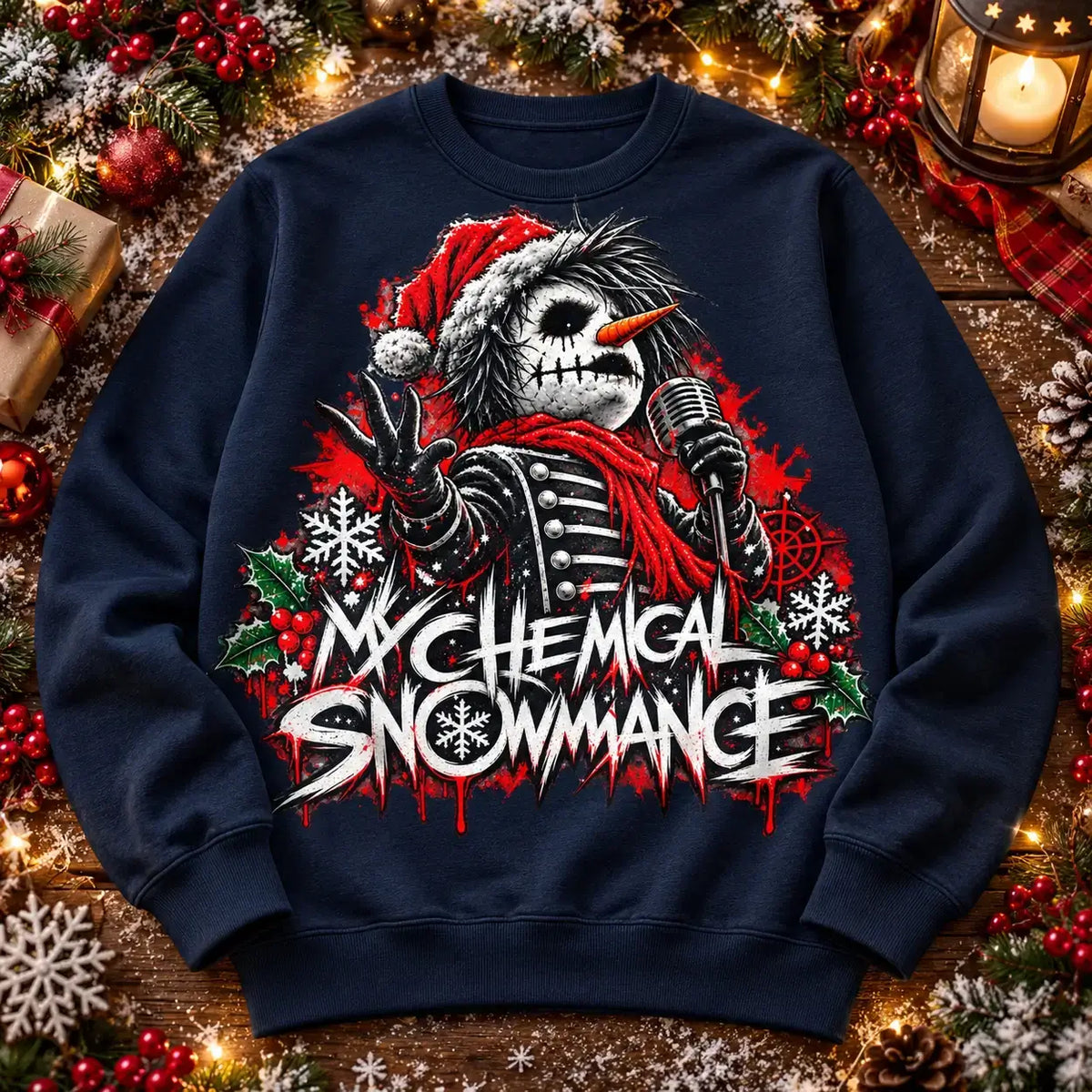 Navy My Chemical Snowmance Christmas jumper festive flat lay