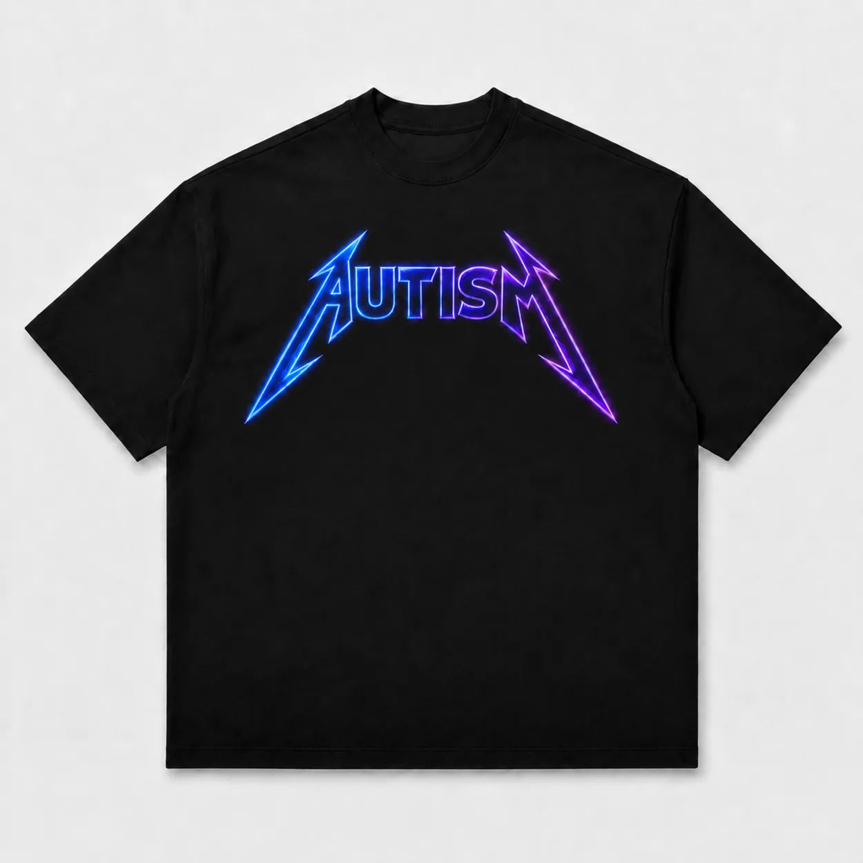 Black Autism neon blue and purple metal-style graphic T-shirt