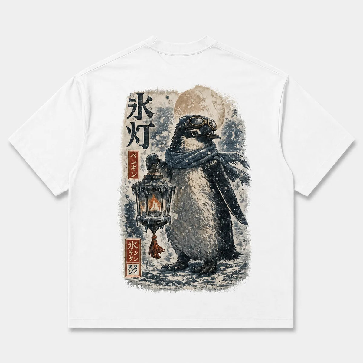 Black Penguin Ice Lantern T-shirt with large Japanese-inspired back print
