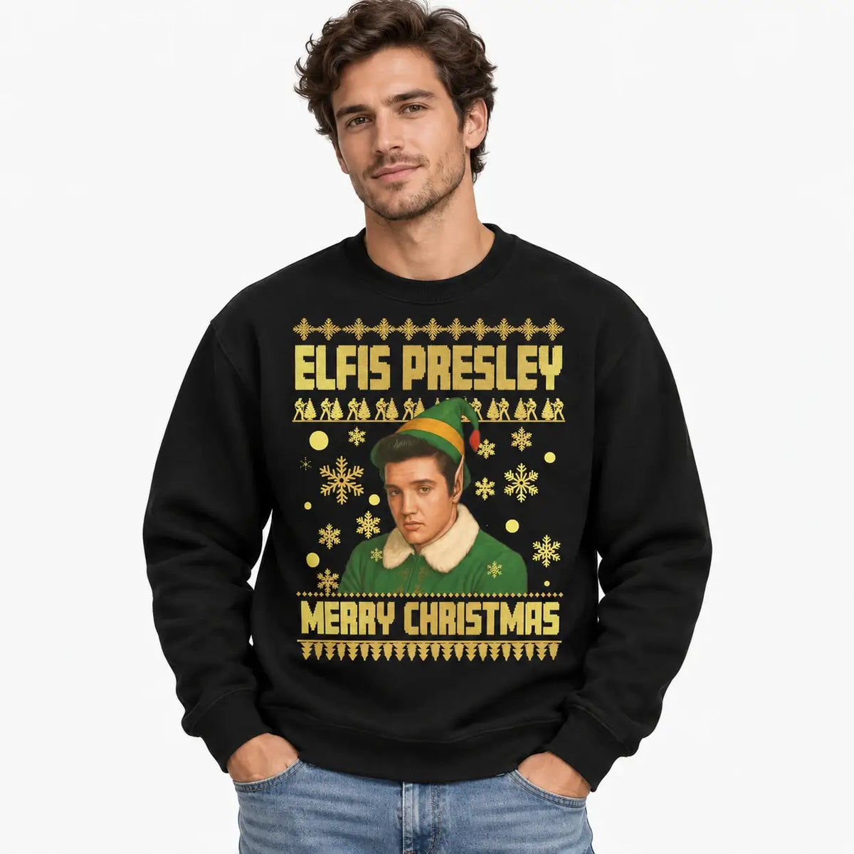 Man wearing a black Elfis Presley Merry Christmas jumper
