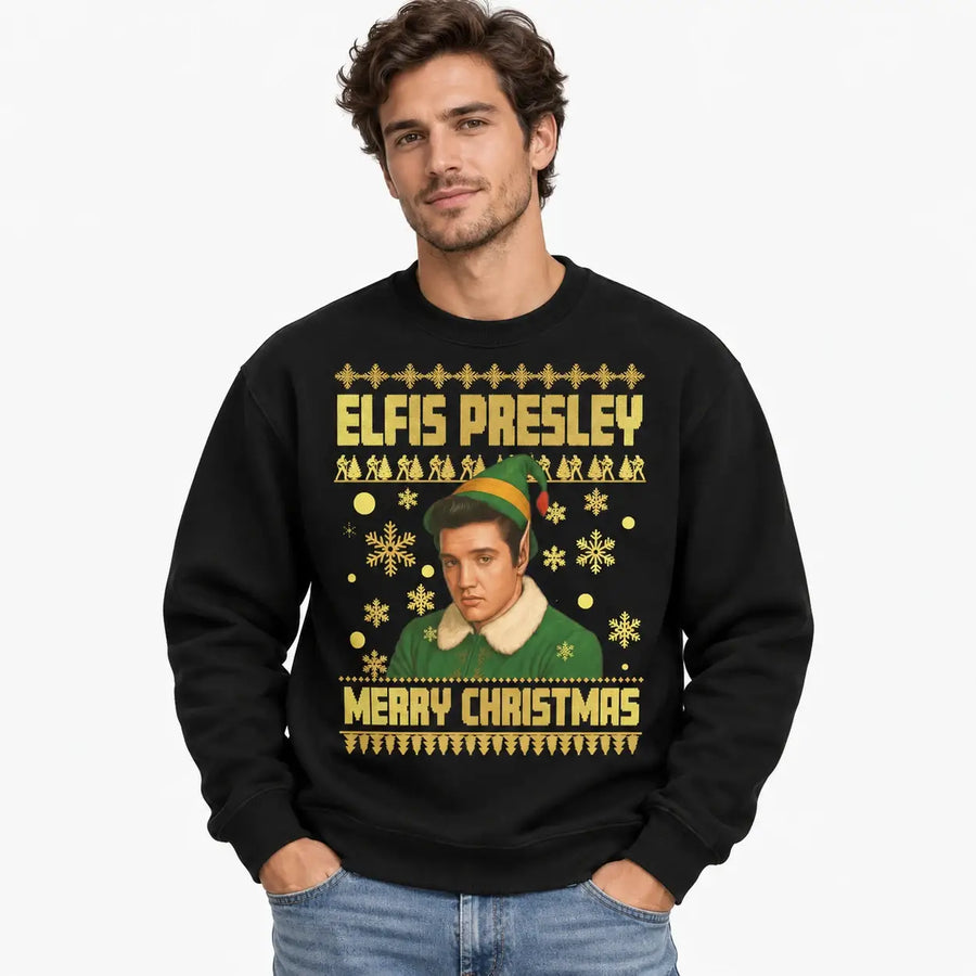 Man wearing a black Elfis Presley Merry Christmas jumper