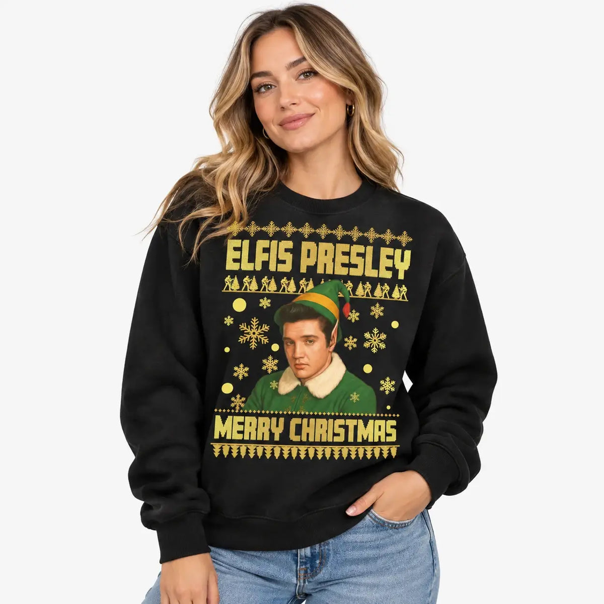 Woman wearing a black Elfis Presley Christmas jumper