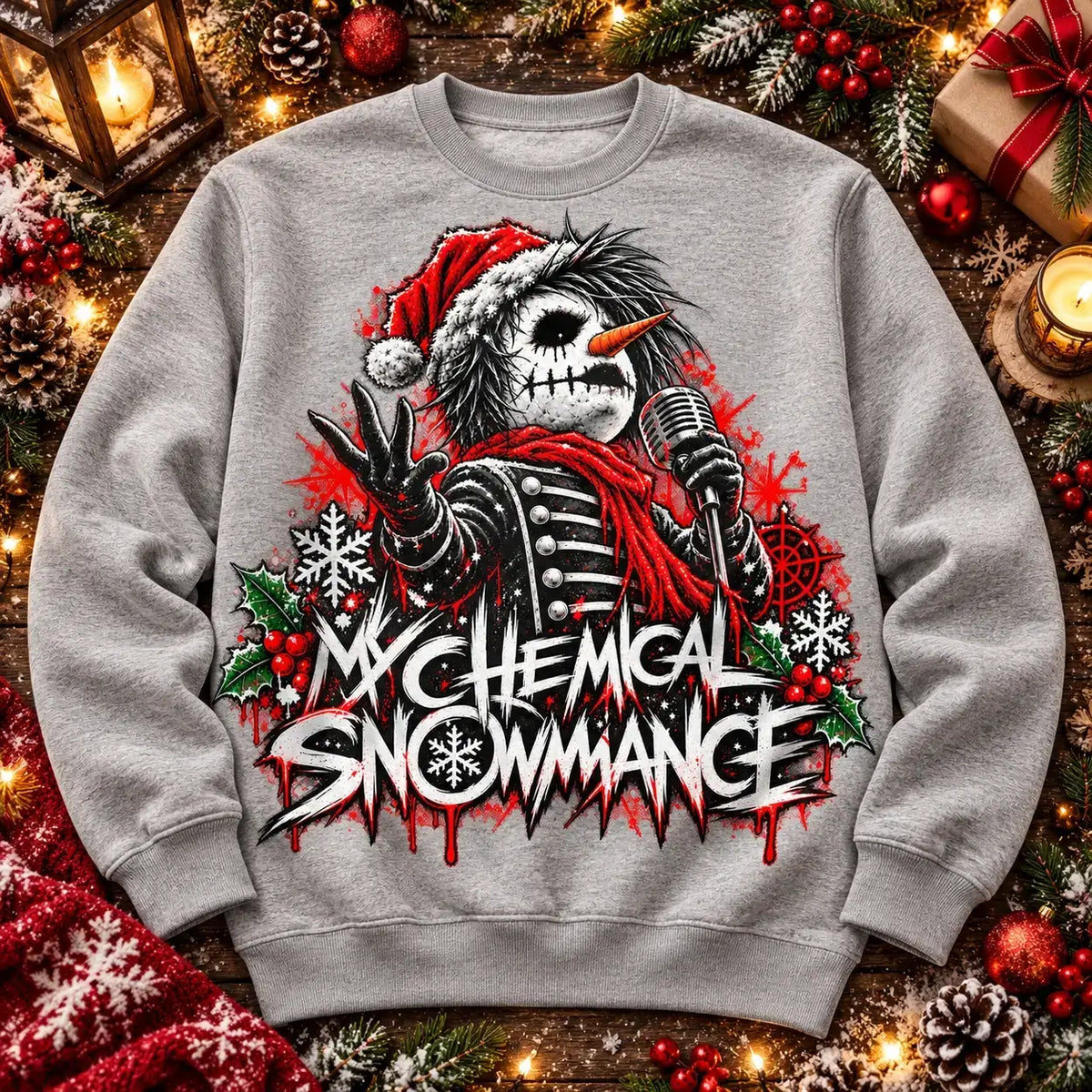 Heather Grey My Chemical Snowmance Christmas jumper festive flat lay