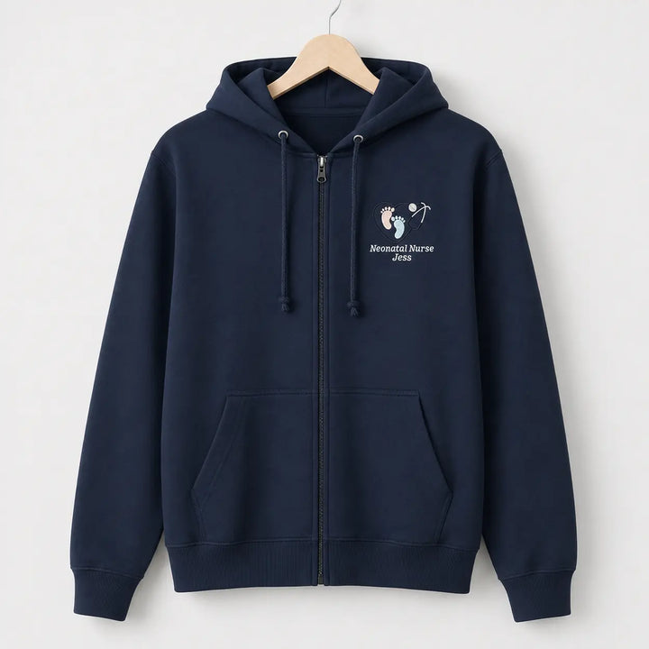 Navy NHS Neonatal Nurse hoodie with footprint embroidery