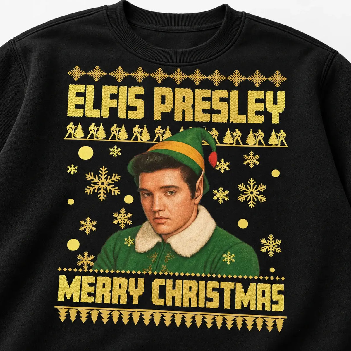 Close-up of gold Elfis Presley lettering and festive portrait on black jumper