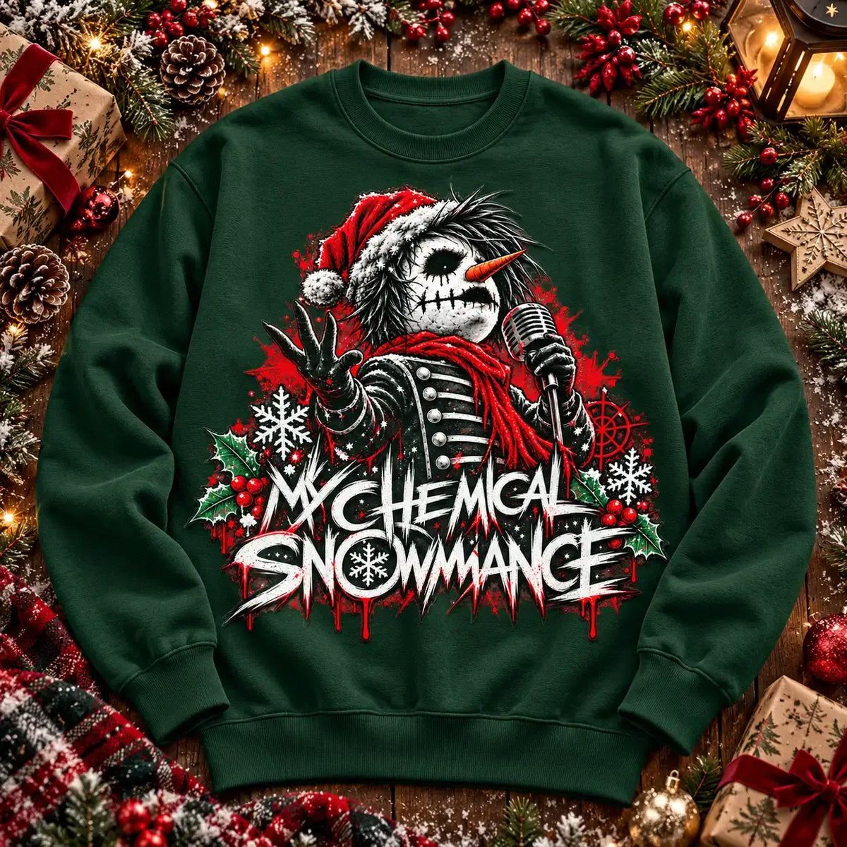 Bottle Green My Chemical Snowmance Christmas jumper festive flat lay