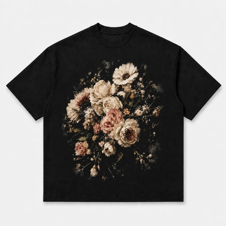 Black Vintage Bloom floral graphic T-shirt with cream and blush botanical print