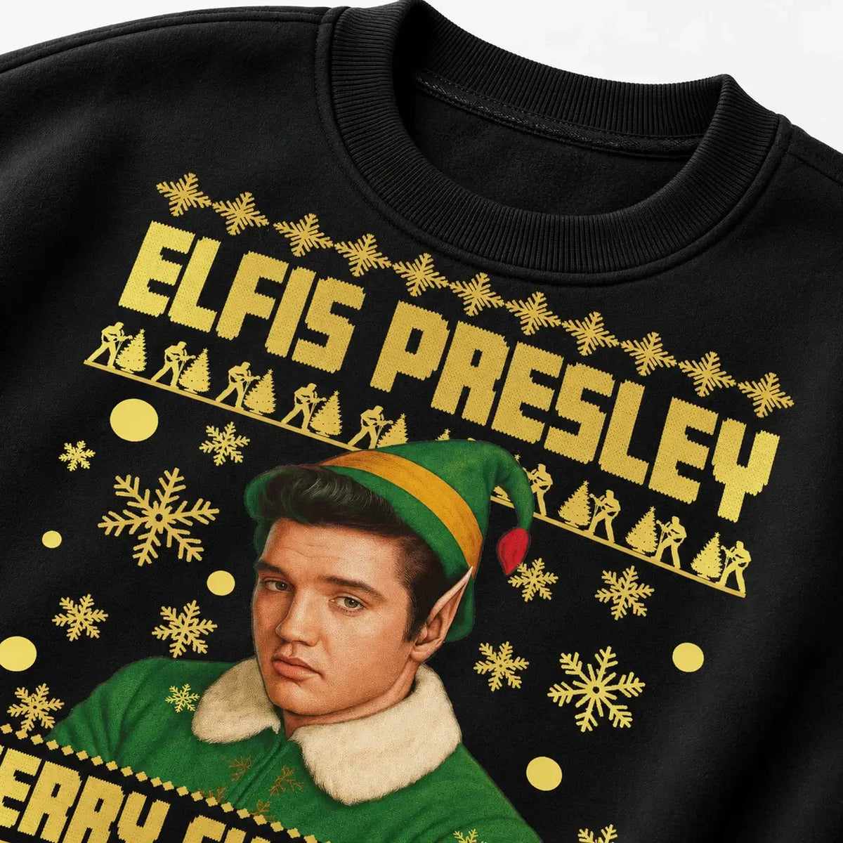Angled close-up of Elfis Presley Christmas print and crew-neck stitching