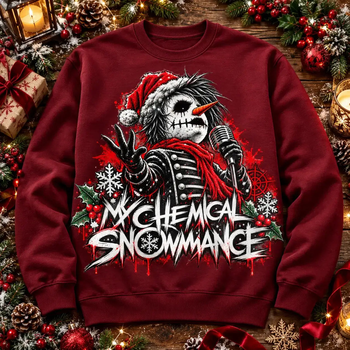 Burgundy My Chemical Snowmance Christmas jumper festive flat lay