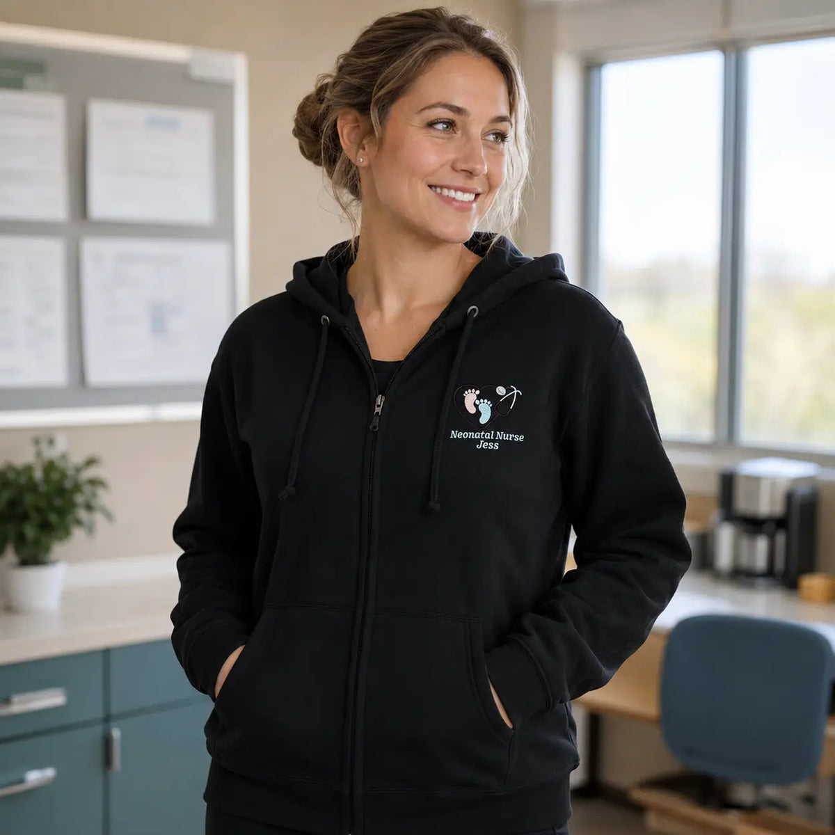 Model wearing black NHS Neonatal Nurse footprint embroidered hoodie