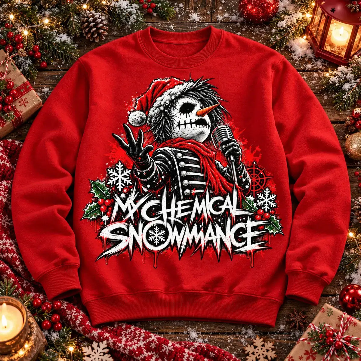 Fire Red My Chemical Snowmance Christmas jumper festive flat lay