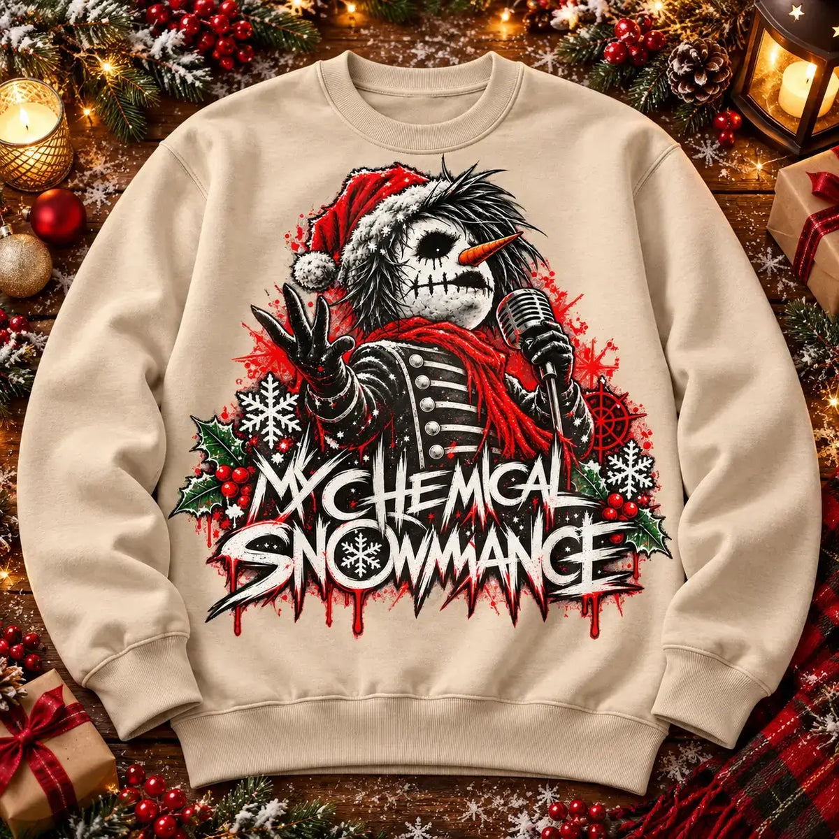 Natural Stone My Chemical Snowmance Christmas jumper festive flat lay
