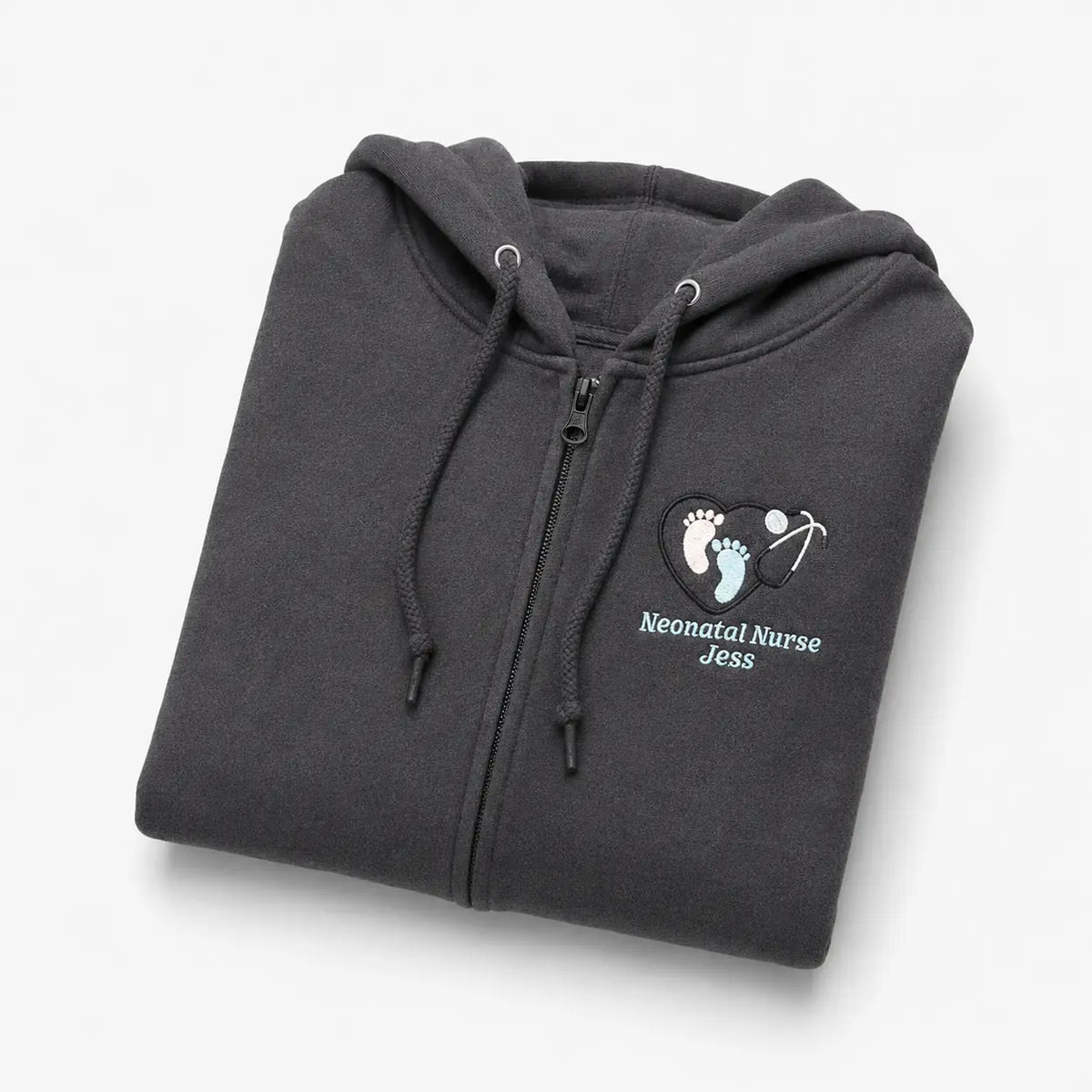 Dark Grey NHS Neonatal Nurse footprint embroidered hoodie folded