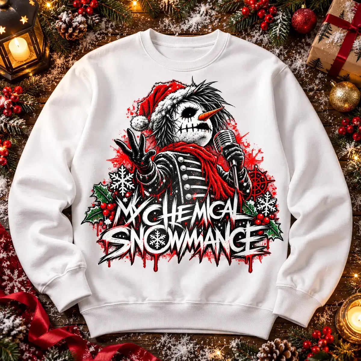White My Chemical Snowmance Christmas jumper festive flat lay