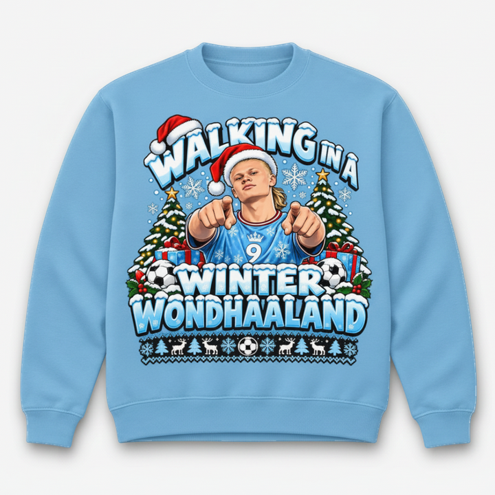 Printora UK sky blue crew-neck Christmas jumper featuring a festive Erling Haaland graphic and snowy winter design.