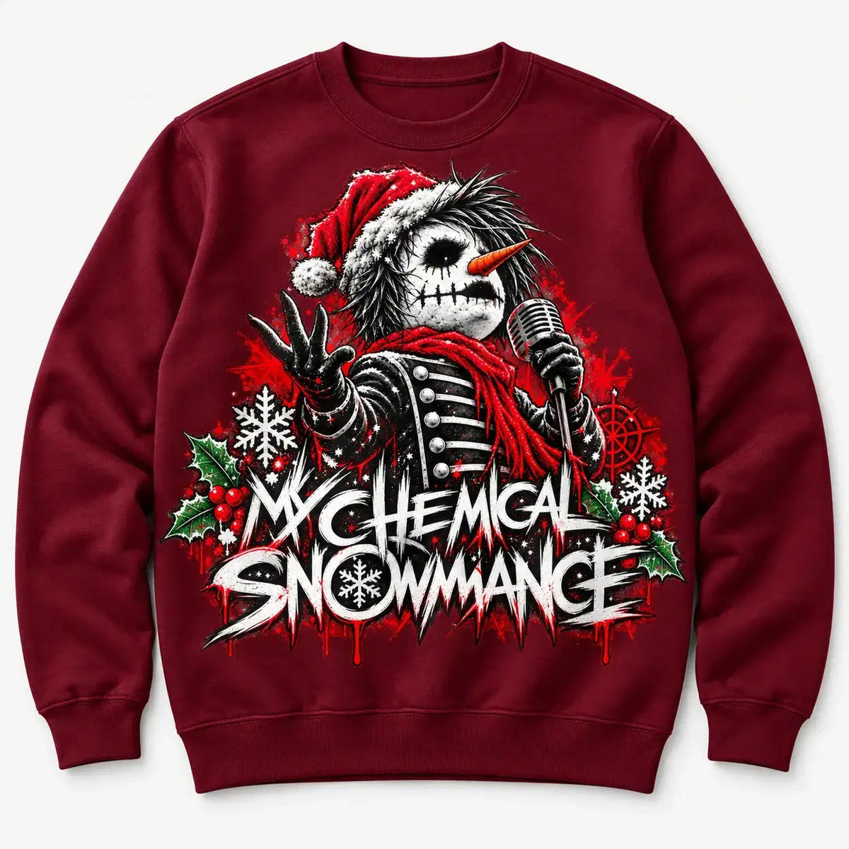 Burgundy My Chemical Snowmance Christmas jumper product mockup