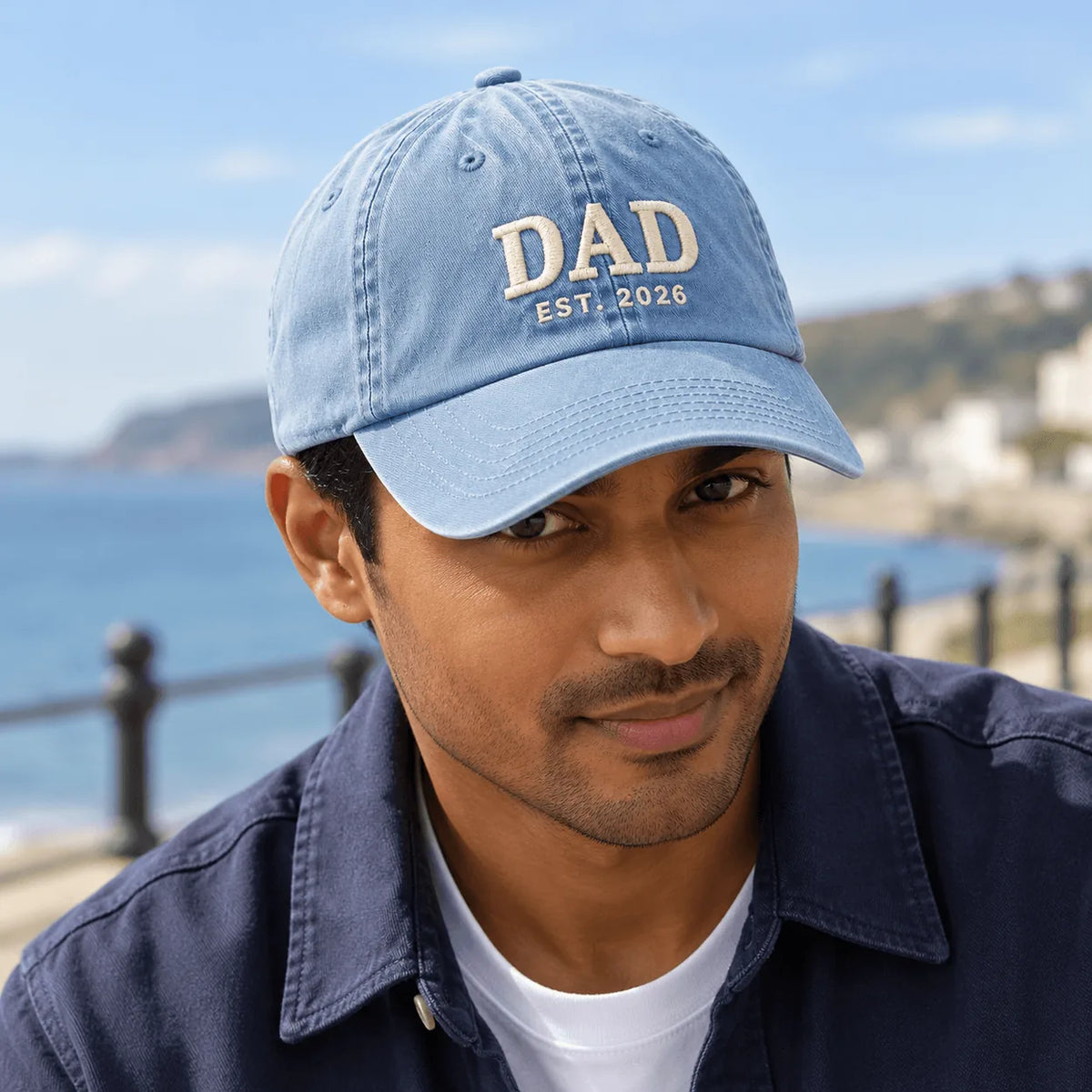 Personalised DAD EST year embroidered vintage cap in Light Blue – Printora