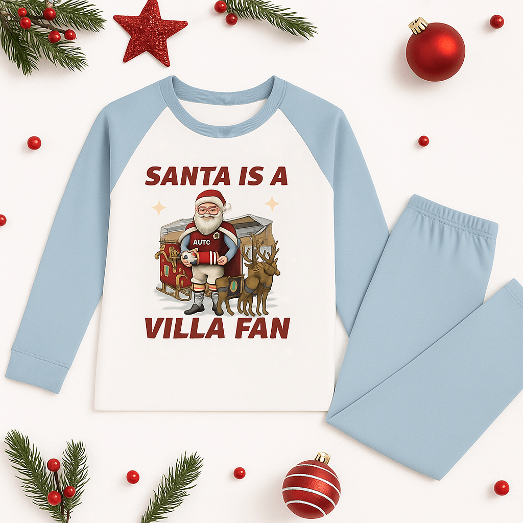 Santa Is a Villa Fan Kids Christmas Pyjama Set – Light Blue & White