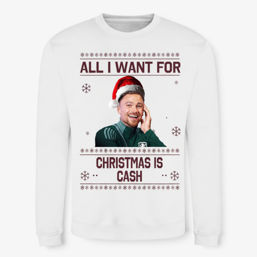 Printora UK white crew neck Christmas jumper featuring a cartoon of Matty Cash in a Santa hat with festive text