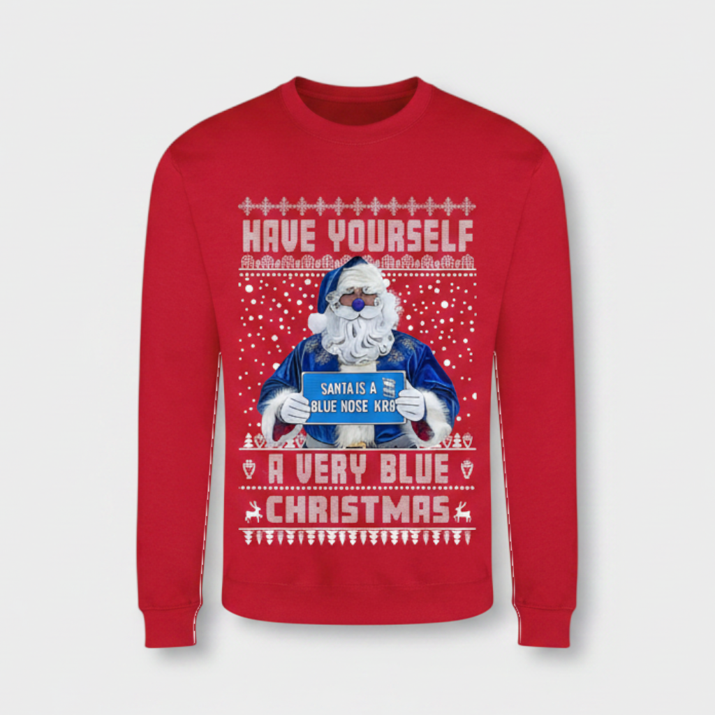 Printora UK red Birmingham City Christmas jumper featuring Santa Claus and the slogan Have Yourself a Very Blue Christmas