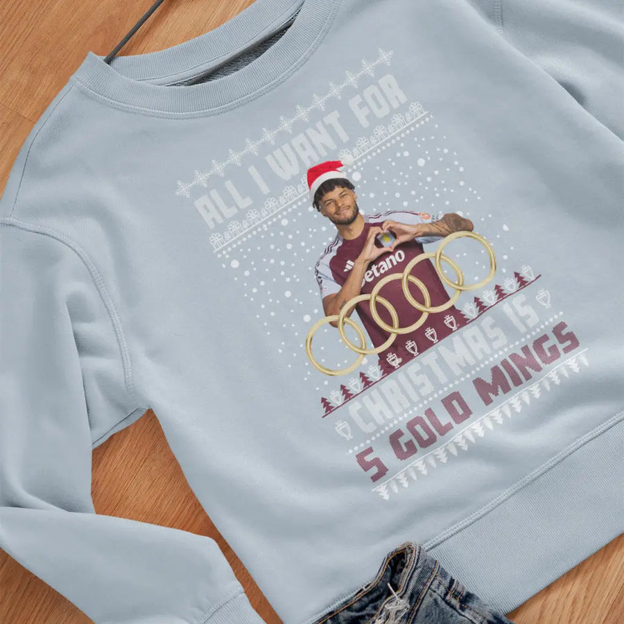 Tyrone Mings 5 Gold Mings Aston Villa Christmas jumper on hanger