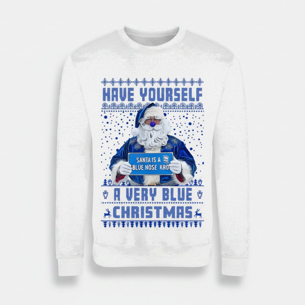 Printora UK white Christmas jumper featuring a festive Santa graphic and Have Yourself a Very Blue Christmas text.