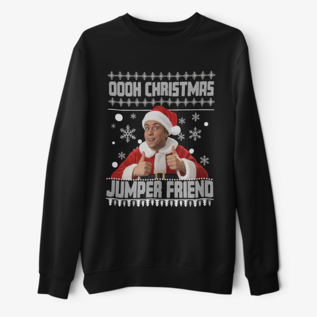 Printora UK black crew neck Christmas jumper featuring a graphic of a man in a Santa suit with the text Oooh Christmas Jumper Friend