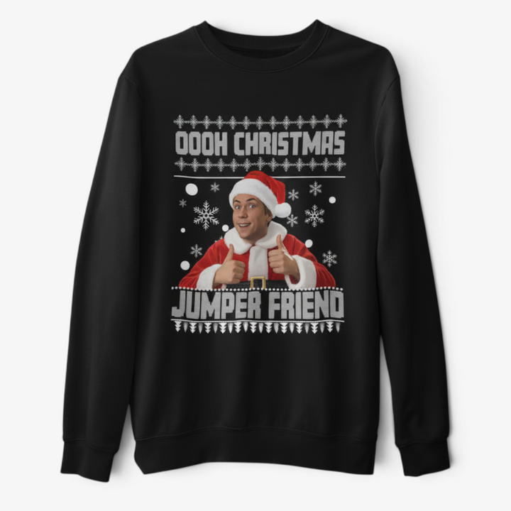 Printora UK black crew neck Christmas jumper featuring a graphic of a man in a Santa suit with the text Oooh Christmas Jumper Friend