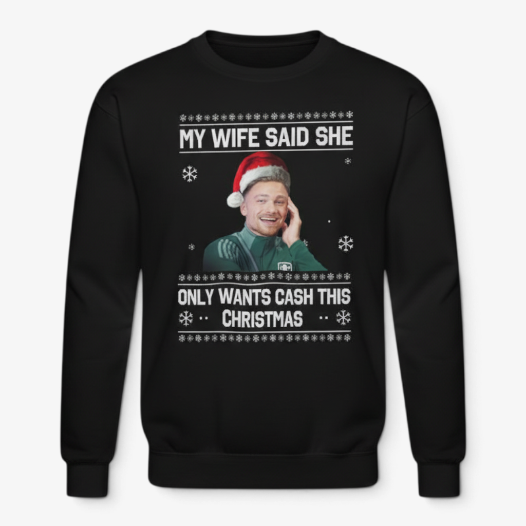 Printora UK black crew neck Christmas jumper featuring a funny Matty Cash football graphic and festive snowflakes