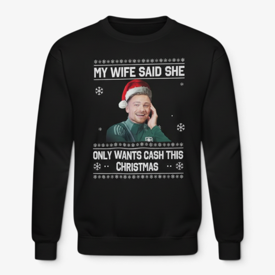 Printora UK black crew neck Christmas jumper featuring a funny Matty Cash football graphic and festive snowflakes