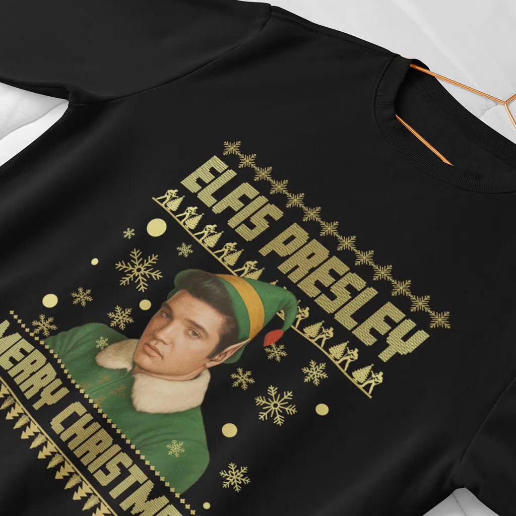 Elfis Presley Christmas jumper mockup with gold festive lettering