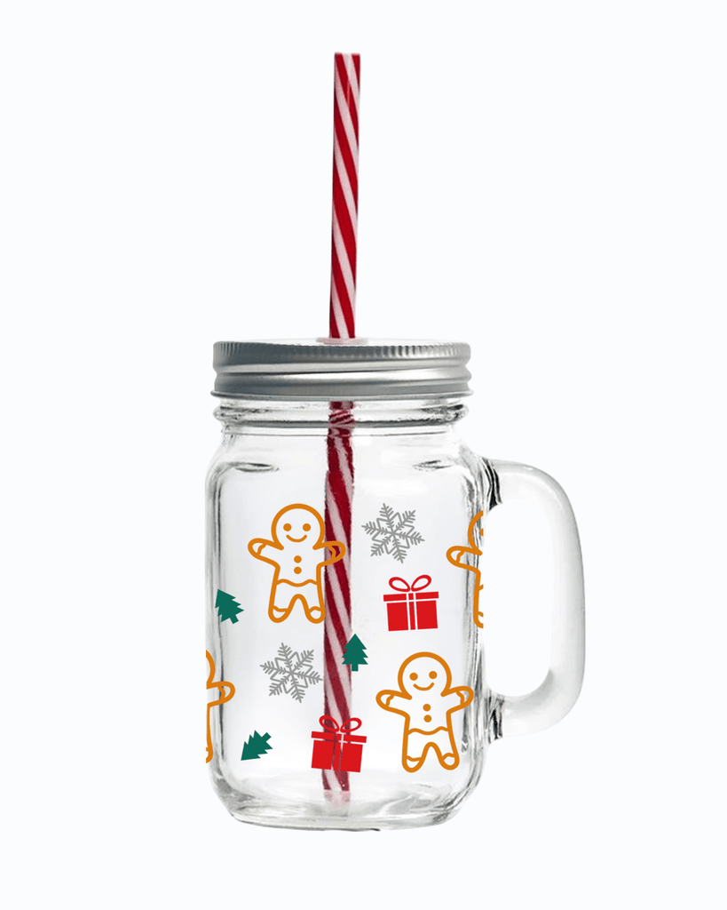 Gingerbread Man UV DTF Printed 16oz Mason Jar with Lid & Straw