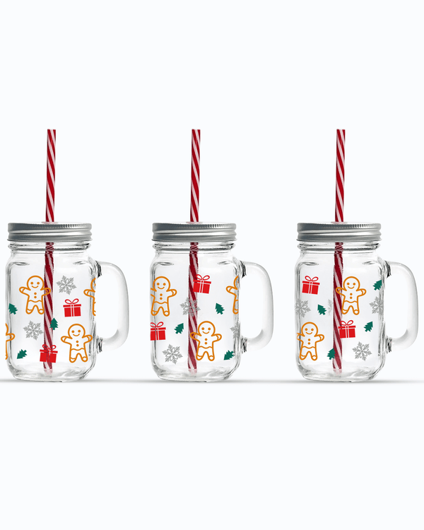 Gingerbread Man UV DTF Printed 16oz Mason Jar with Lid & Straw