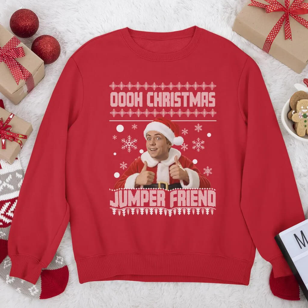 Red Inbetweeners Christmas Jumper Friend festive sweatshirt lifestyle image
