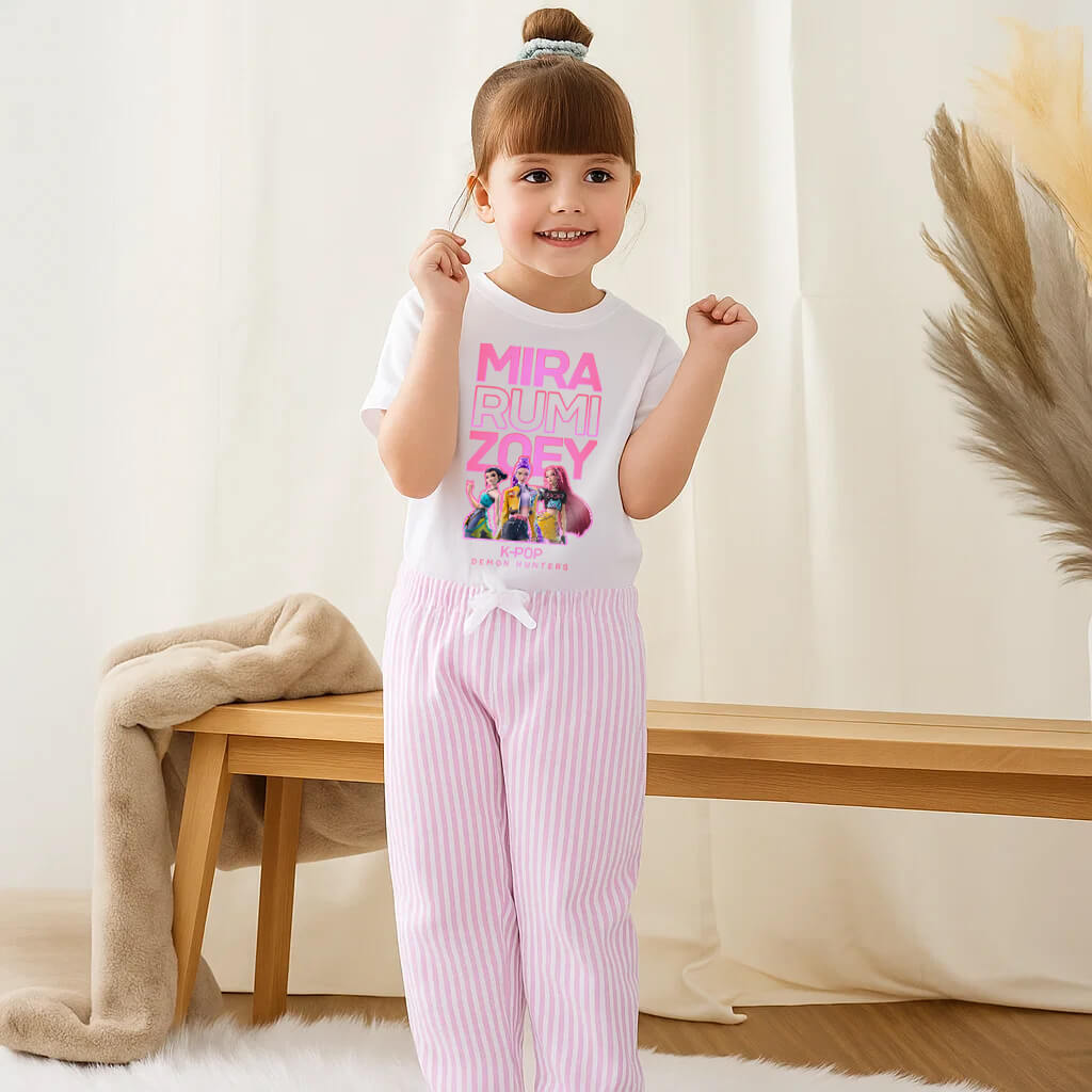 K-POP kids pyjamas with graphic T-shirt and pink stripe trousers lifestyle image