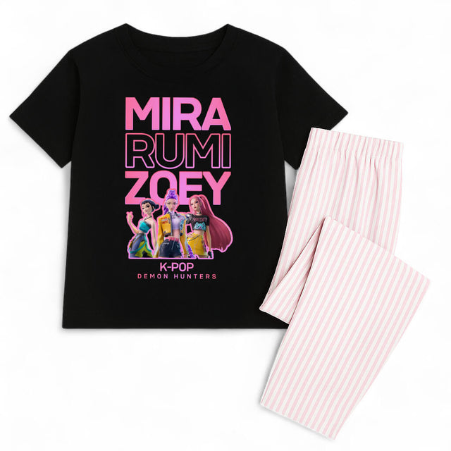 Kids K-POP pyjama set featuring Rumi Zoey and Mira with pink striped bottoms
