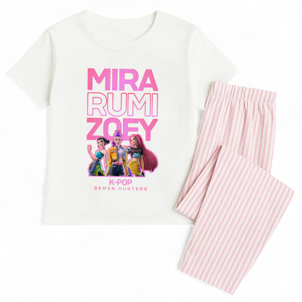 K-POP inspired kids sleepwear set with character graphic T-shirt and pink striped pyjama bottoms