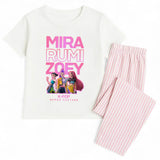 K-POP Pyjamas Set with Rumi Zoey & Mira | Kids Black or White T-Shirt and Pink Stripe Pants | Cute Kpop Sleepwear Gift