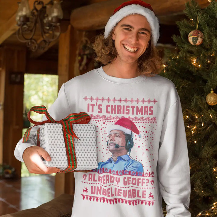 White Chris Kamara It's Christmas Already Geoff festive football jumper lifestyle image